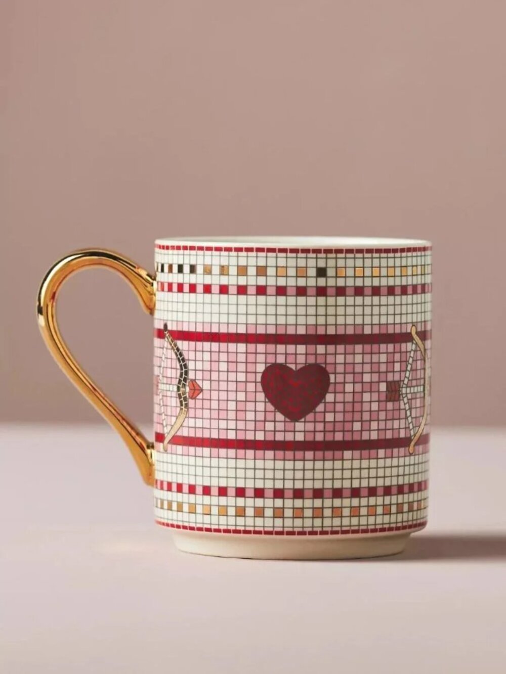 Anthropologie Bistro Tile Stoneware 24k Gold Accent Mug, Valentine Edition